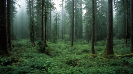 Naklejka premium A misty forest of towering trees, their trunks disappearing into a lush, green undergrowth, enveloped in a cool, mysterious fog.