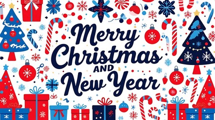Festive Merry Christmas and Happy New Year greeting card with red and blue holiday decorations including candy canes, Christmas trees, gift boxes, snowflakes, and ornaments for cheerful seasonal celeb