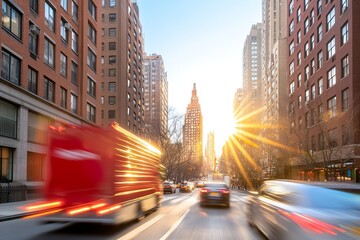 Obraz premium Urban city street at sunrise with motion blur and tall buildings