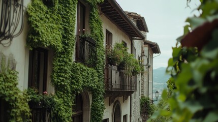 Elegant buildings draped in ivy, overlooking a scenic view with stone architecture and intricate balconies.