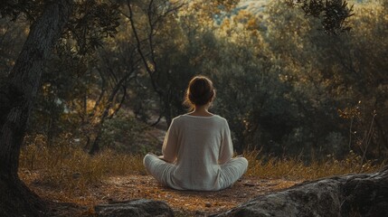 Serene Woman Meditating in Nature Surrounded by Lush Greenery and Soft Natural Light, Embracing Mindfulness and Inner Peace in a Calm Outdoor Setting
