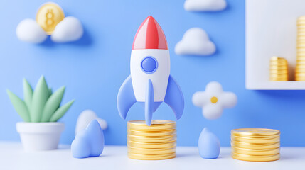 Rocket Launching from Stacked Gold Coins, Symbolizing Financial Growth, Investment Success, and Wealth Accumulation.