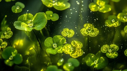 Lush Greenery Underwater with Vibrant Water Droplets on Sunlit Leaves Captured in a Dreamy Flowing Motion of Nature's Serenity