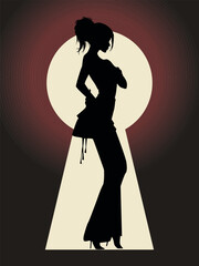 Image of a woman wearing a long dress with a high neckline and high heels. Silhouette black and white. The background is a gradient of orange and red with a large white keyhole in the center. 