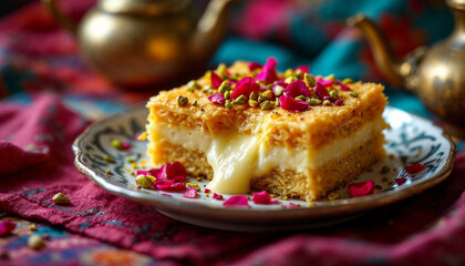 A square of knafeh with shredded pastry, gooey cheese, pistachios, and rose petals.