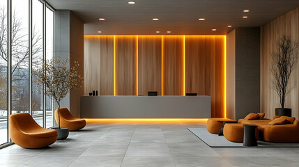 Modern lobby interior design with orange accents and city view.