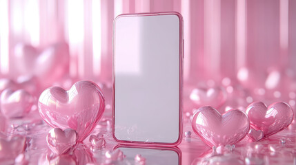 3d smartphone with white blank screen, glossy pink hearts on the back and around the phone