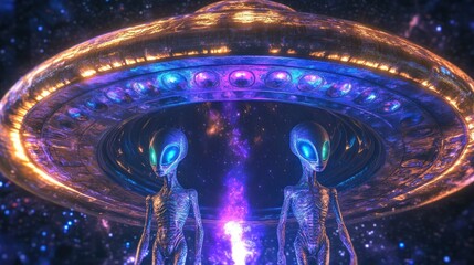 Two grey aliens stand beneath a glowing UFO in space.