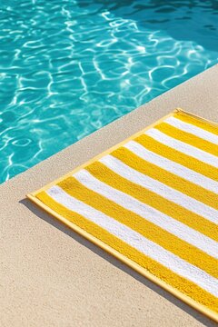 Sunny poolside with yellow and white striped beach towel on deck