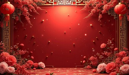 Red background with chinese new year ornaments. Generate AI