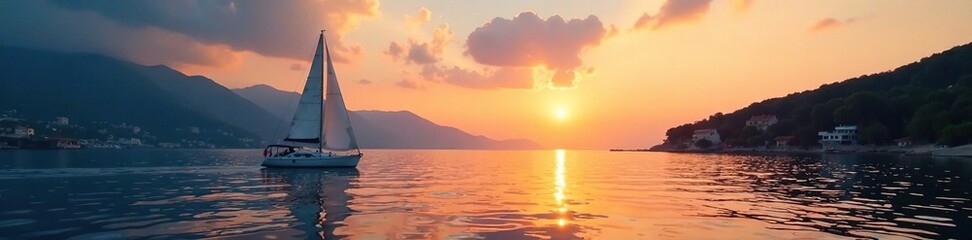 Naklejka premium A lone sailboat rides the gentle waves of a tranquil Mediterranean bay at sunset, serene landscape, sailboat, marina