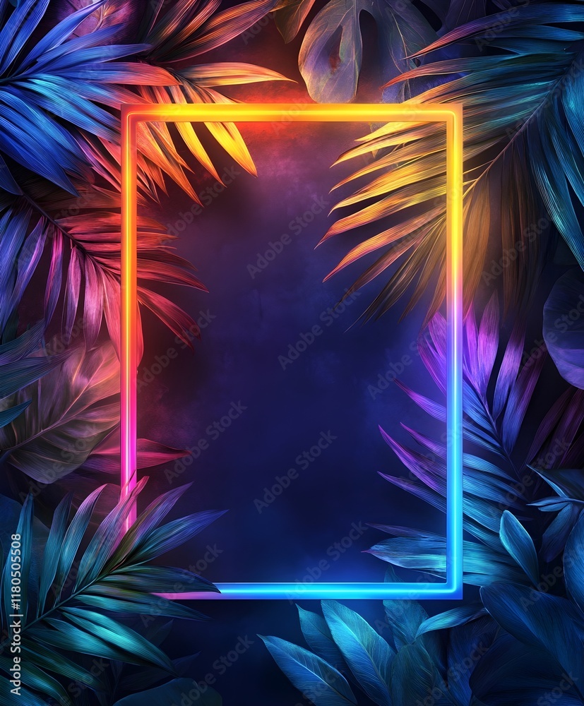 Wall mural neon rainbow rectangular frame on a dark background of palm leaves.
