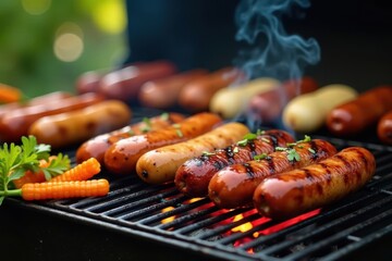 French hot dog grill with steaks, sausages and vegetables on the grill , barbecue, sausage, garden