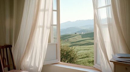 An open window view framed by soft curtains reveals rolling hills under sunlight, offering a sense...