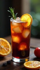 Fototapeta premium Iced americano coffee, citrus layer, rosemary garnish , summer, commercial photography
