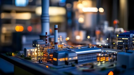 Fototapeta premium A miniature nuclear power plant displayed on a desk in an office setting, engineers visible in the blurry background.