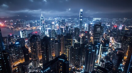 Obraz premium Hong Kong Night Skyline: A Dazzling Urban Metropolis