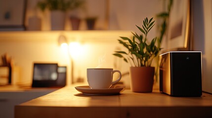 Obraz premium Cup and smart speaker on desk in warm lit room.