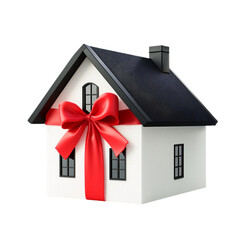 New Home Gift Concept White House with Red Bow Modern Design ribbon present red bow windows isolated on transparent background