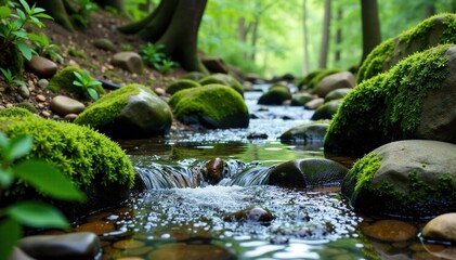 Moss-covered rocks and stones along winding mountain stream, moss, stream, forest