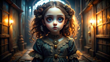 Large-eyed, dark-dressed 3D doll. Spooky, surreal AI-generated imagery evokes a chilling, dreamlike state.