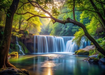 Obraz premium Lush trees frame a tranquil waterfall, its serene river flowing through branching streams.