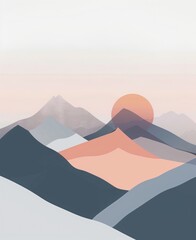 This artwork showcases a flat illustration of an abstract mountain range with a rising sun. The muted pink, blue, and warm orange tones create a serene atmosphere ideal for mobile app aesthetics