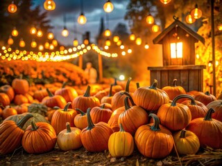 Night's magic:  illuminated pumpkins cast warm glows below a welcoming pumpkin patch sign.
