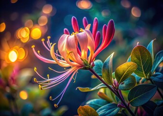 Pacific Northwest honeysuckle's nocturnal bloom, a floral macro study in low light.