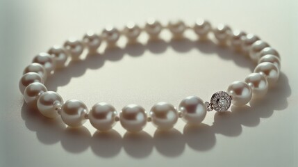 A delicate pearl necklace rests gracefully on a soft surface, radiating elegance and timeless beauty in its simplicity.