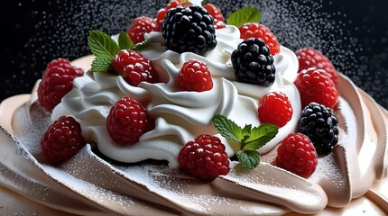 Decadent Berry Pavlova with Whipped Cream and Powdered Sugar