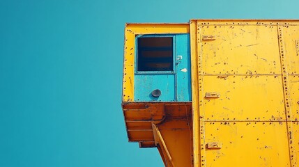 Yellow rusty crane control booth, clear sky. Industrial site background. Construction imagery