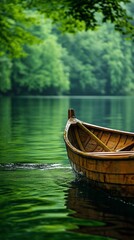 Obraz premium Wooden boat on calm lake, lush green forest background, peaceful scene, nature imagery