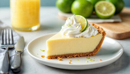 Key lime pie slice with whipped cream, lime wedge, and a fresh, zesty background.