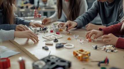 Hands of children eagerly engage with diverse science kits on a table, showcasing collaboration and the joy of discovery in a creative learning environment.