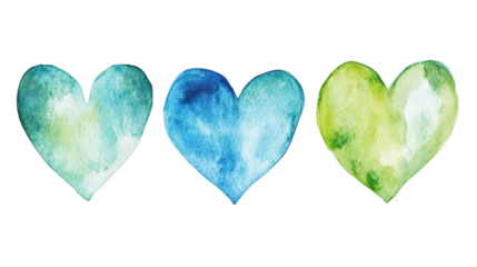 Set of hand-drawn blue and green watercolor hearts in varying sizes isolated on white background