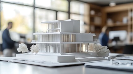 A scale model of a textile factory sitting on a table with engineers in the blurred office background.