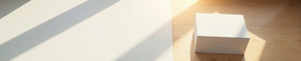 White paper box placed under a wooden table with a long shadow extending across the white surface below, white, sunlight