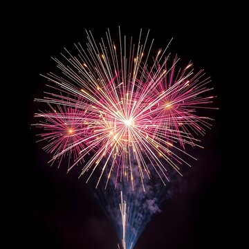 Image of clock showing midnight and fireworks exploding on black background Generative AI 
