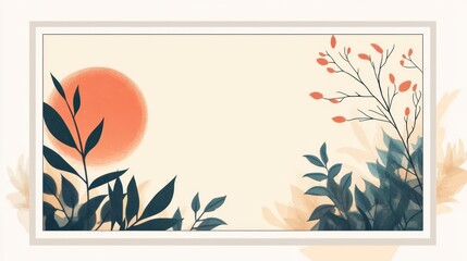 Minimalist botanical illustration with sun and leaves.