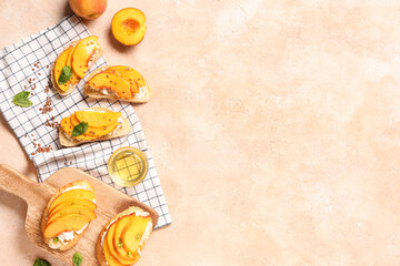 Peach bruschetta with ricotta, flax seeds, basil and bowl of honey on beige background
