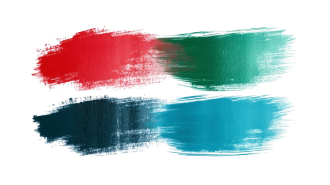 Set of green and red brush stroke illustrations with textured patterns isolated on white background