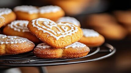 Golden heart-shaped cookies adorned with white icing, resting on a wire rack, inviting a delightful treat.