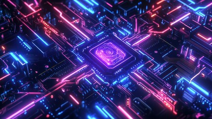 Close-up of a futuristic neon-lit central processing unit on a circuit board.