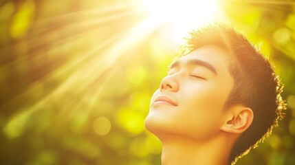 Fototapeta premium Young man experiencing tranquility and joy in nature, enjoying sunlight filtering through leaves, symbolizing peace and rejuvenation in a serene environment