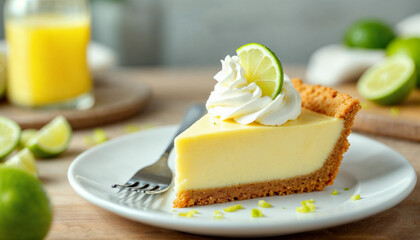 Key lime pie slice with whipped cream, lime wedge, and a fresh, zesty background.