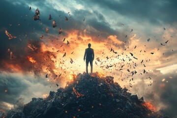 Fototapeta premium Man Stands Alone Amidst Fiery Destruction and Falling Birds