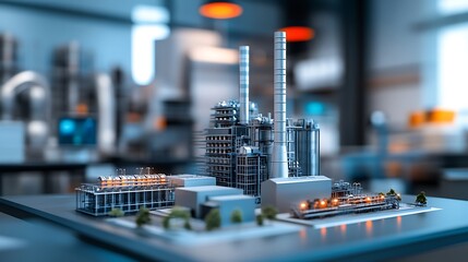 Thermal power plant model placed on an office desk, engineers working in the blurred background.