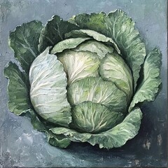 Green Cabbage Still Life Oil Painting: Vibrant Texture and Color