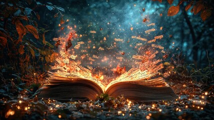 An enchanted book opens in a mystical forest, emitting sparks and light, blending magic and nature in a captivating scene.